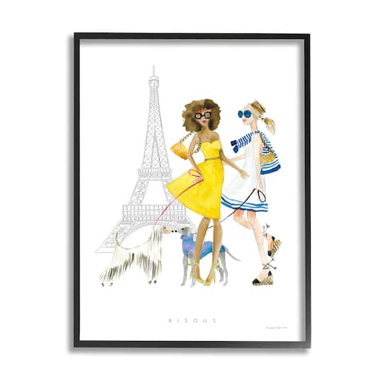 Stupell Industries Bisous Kisses Phrase Parisian Fashion Females and Dogs Framed Wall Art